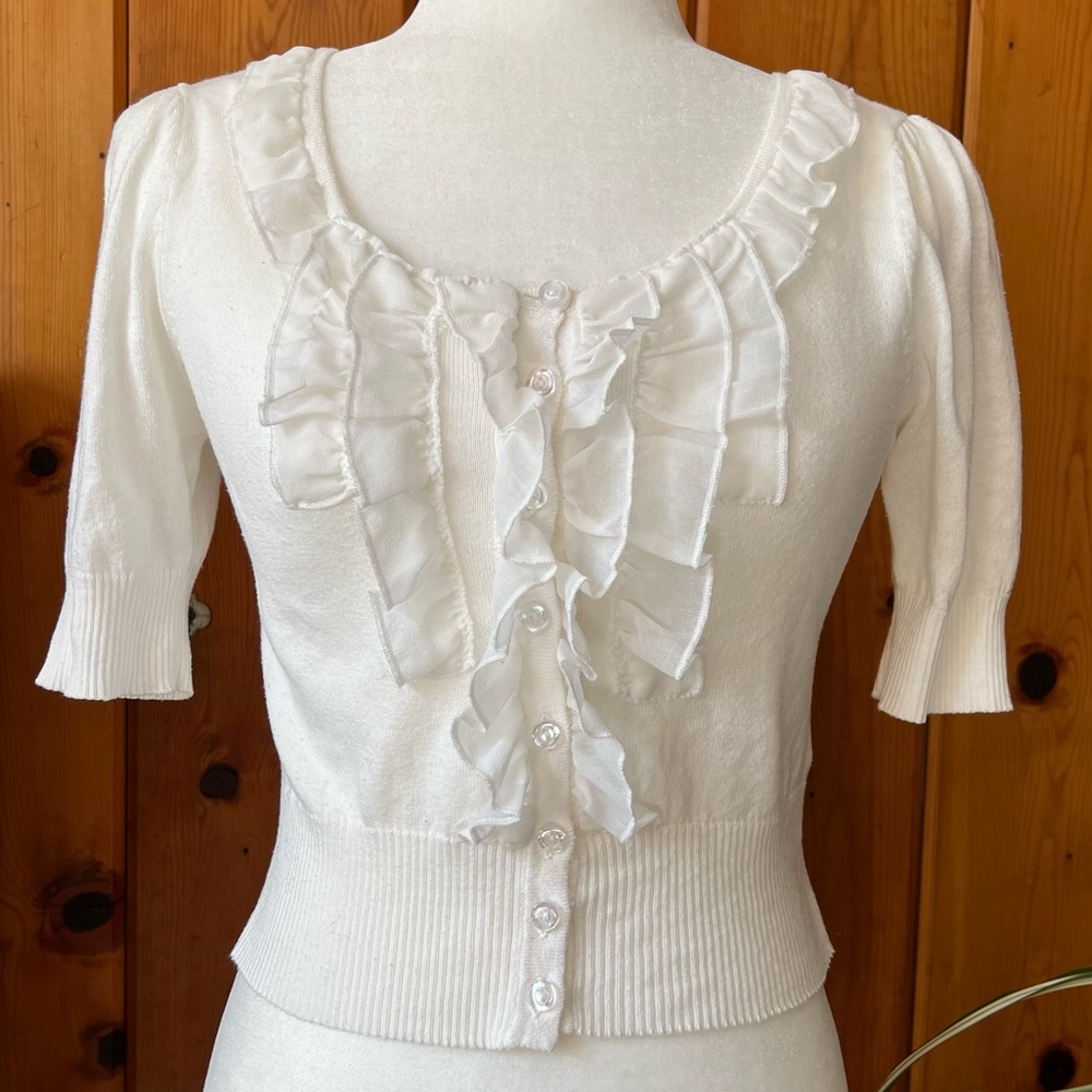 Cropped Ruffled Short Sleeve Cardigan - Picture 1 of 2